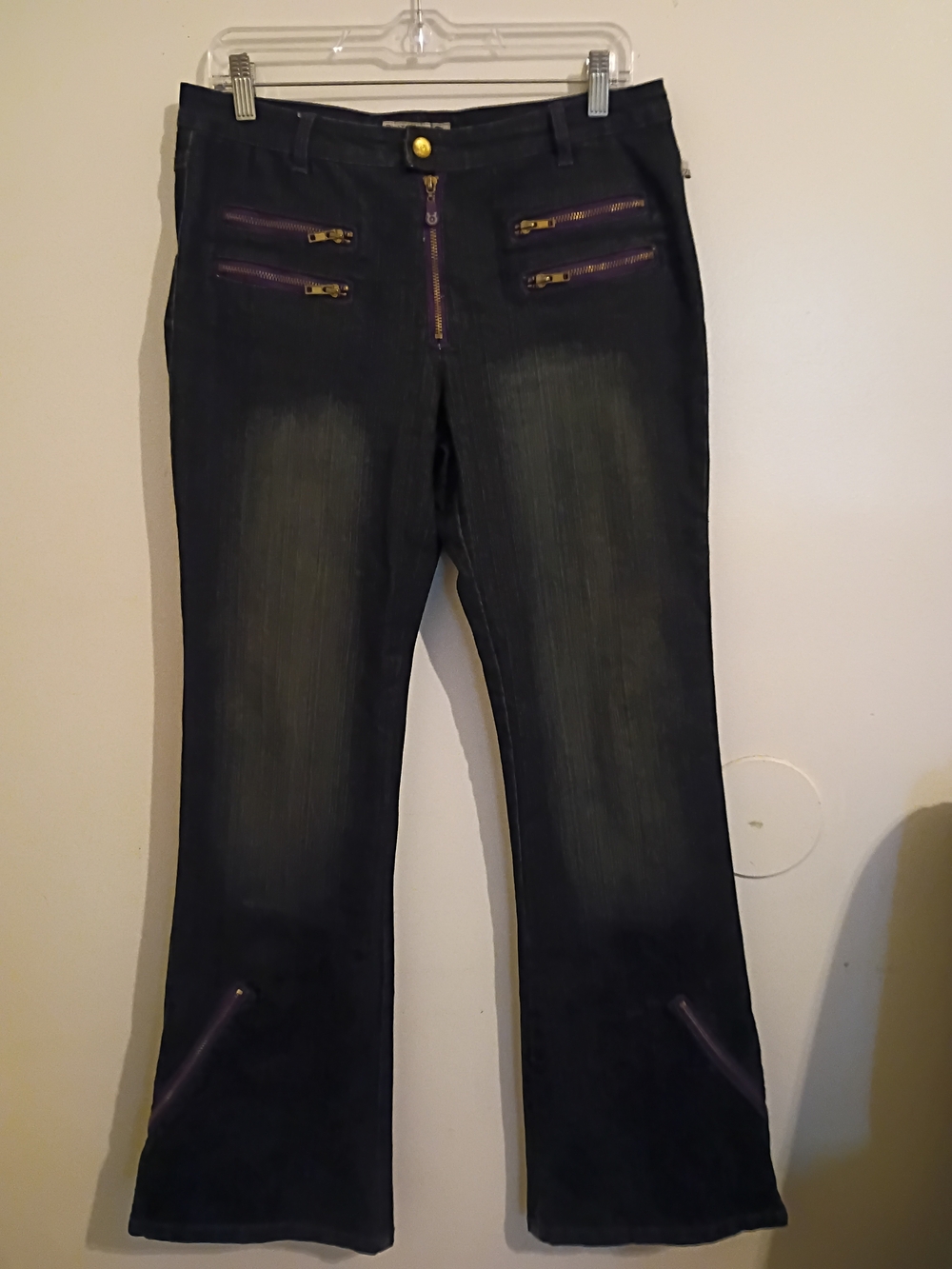 Women's Black Flare Jeans with Purple Zipper Accents Y2K Sz 11